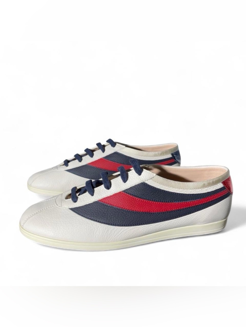 Gucci Falacer 'Cream' Leather Sneakers with Navy and Red Stripe Accents